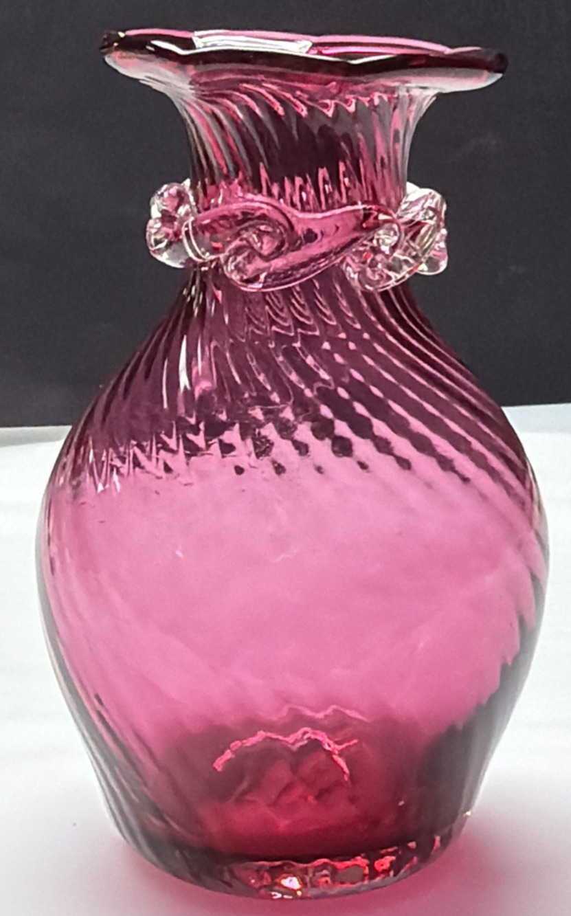 Vintage Pilgrim Art Glass Cranberry Optic Swirl Vase Ruffle Top Clear Filigree